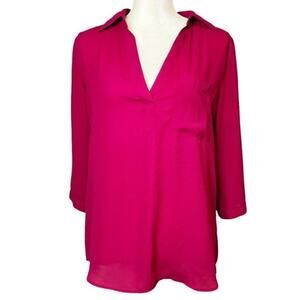 New York & Company Pink Collared 3/4‎ Sleeve Deep V-Neck Flowy Blouse Size Small